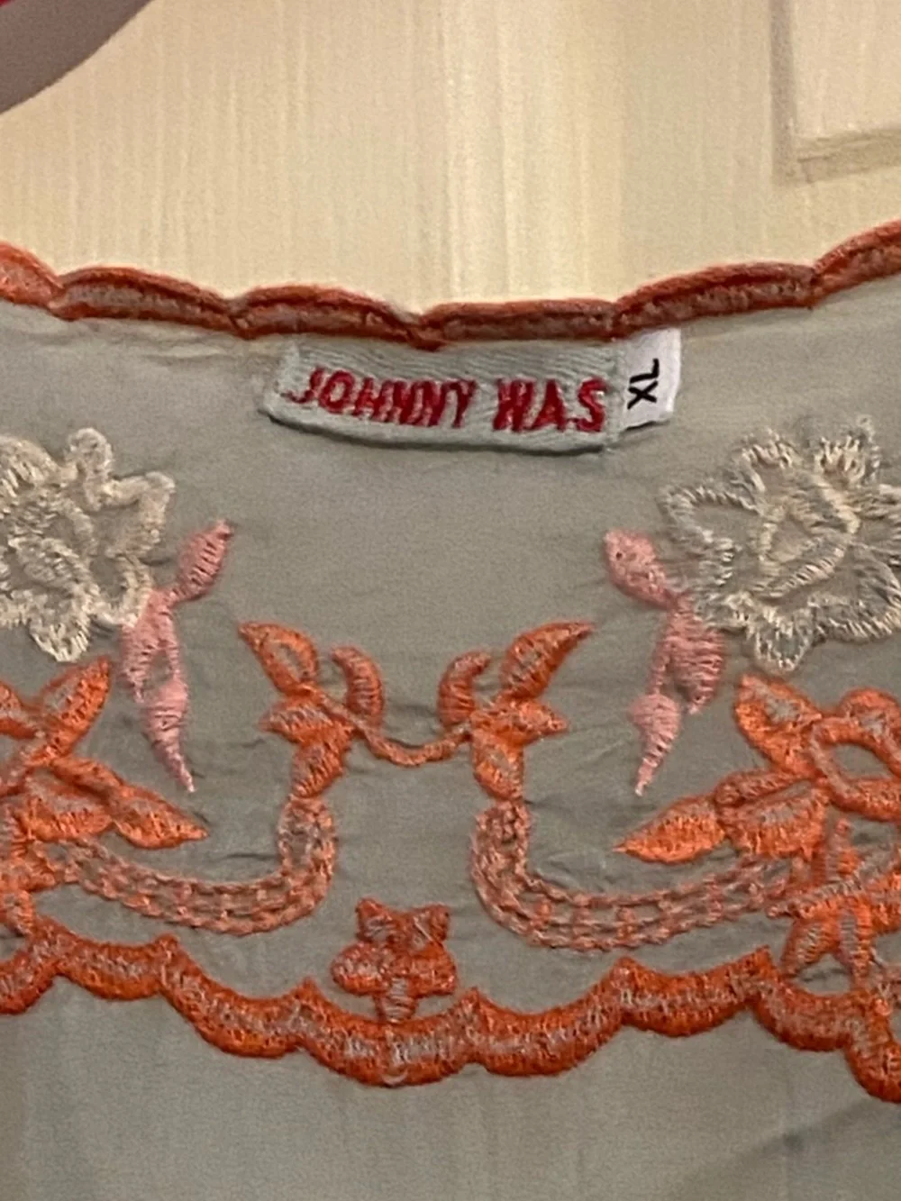 Johnny Was Light Blue Tunic with Coral and Cream Embroidery, Size XL - Picture 2 of 8